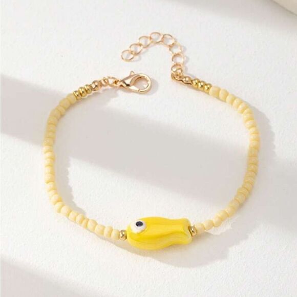 Yellow Beaded Bracelet with Fish Charm S876 - Picture 1 of 4